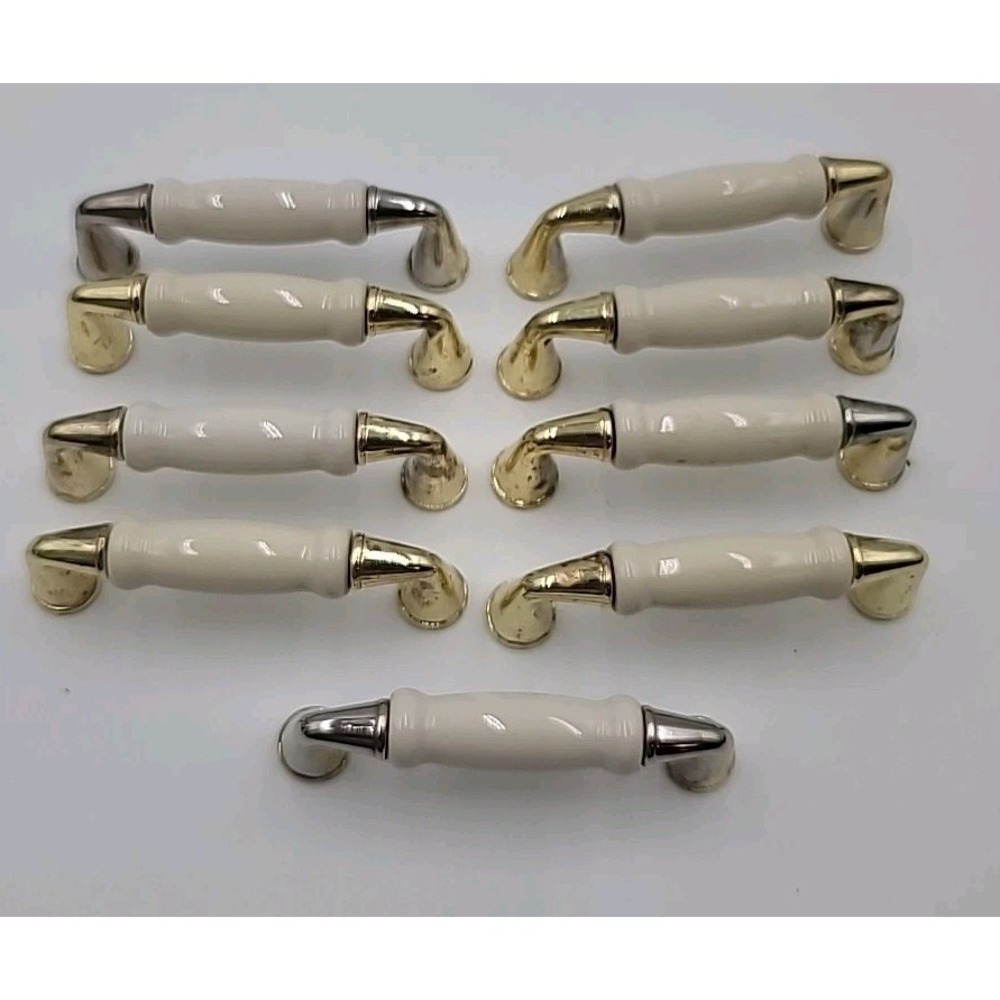 VTG‎ 9pc Brass Beige Ceramic Cabinet Handles Drawer Pulls 3"on Center FOR SHOP